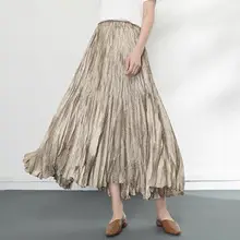 Dark Blue Pleated Mid-Length Skirt with Slit & Elastic Waist — feature 1