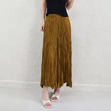 Dark Blue Pleated Mid-Length Skirt with Slit & Elastic Waist — feature 11