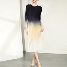 Dark Blue Pleated Mid-Length Skirt with Slit & Elastic Waist — feature 14