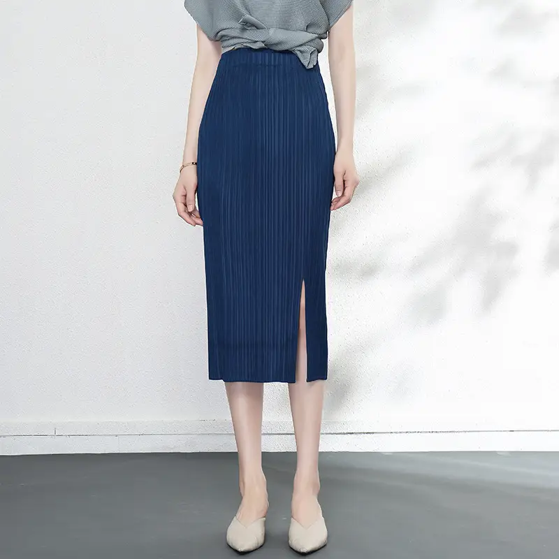 Dark Blue Pleated Mid-Length Skirt with Slit & Elastic Waist