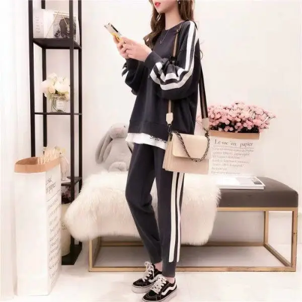 Plus Size Women Black White Track Suit Sweatshirt Set — feature 6