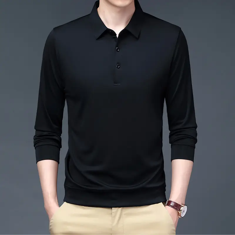 Men's Black Long Sleeve Polo T-Shirt Solid Color - Image 8