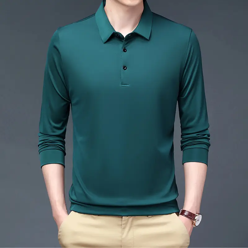 Men's Black Long Sleeve Polo T-Shirt Solid Color - Image 10