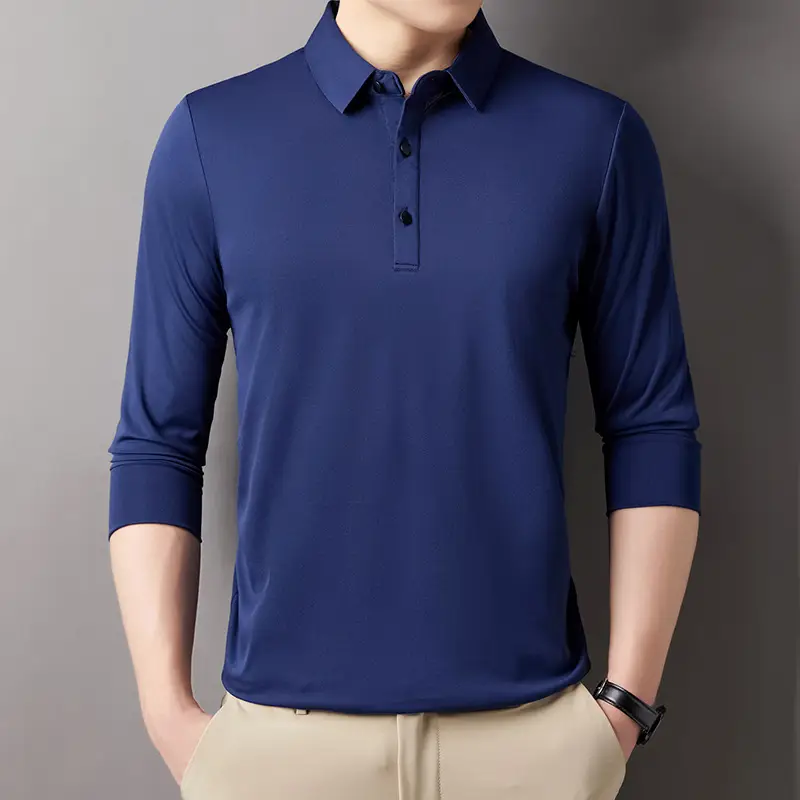 Men's Black Long Sleeve Polo T-Shirt Solid Color - Image 4