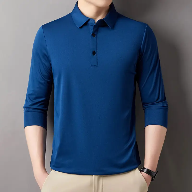 Men's Black Long Sleeve Polo T-Shirt Solid Color - Image 5