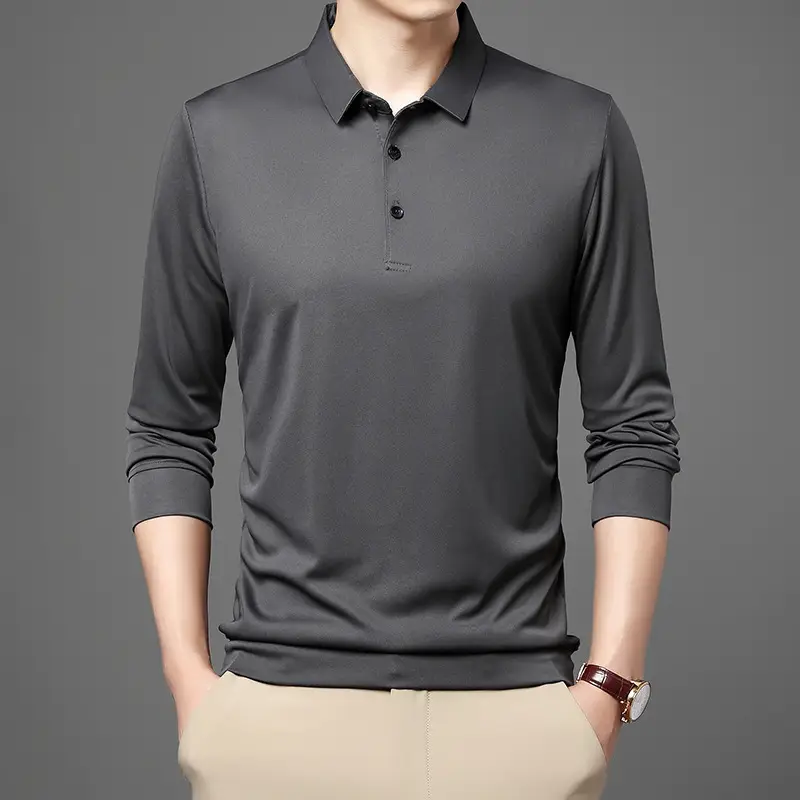Men's Black Long Sleeve Polo T-Shirt Solid Color - Image 6