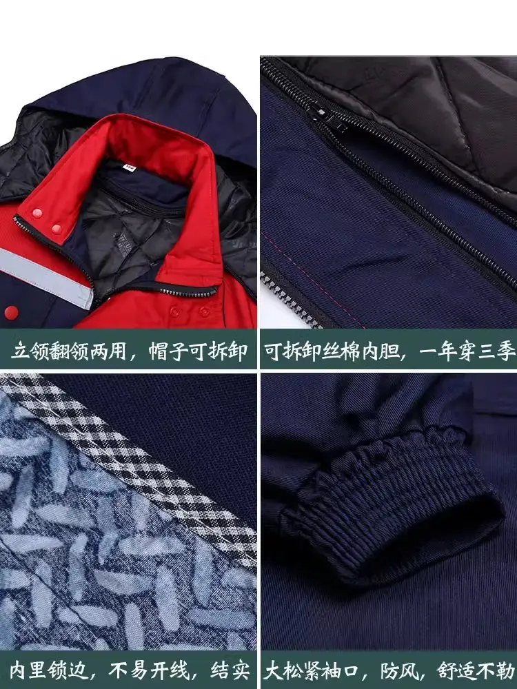 Men Winter Hooded Jacket Navy Red Orange Cotton Padded Auto Repair
