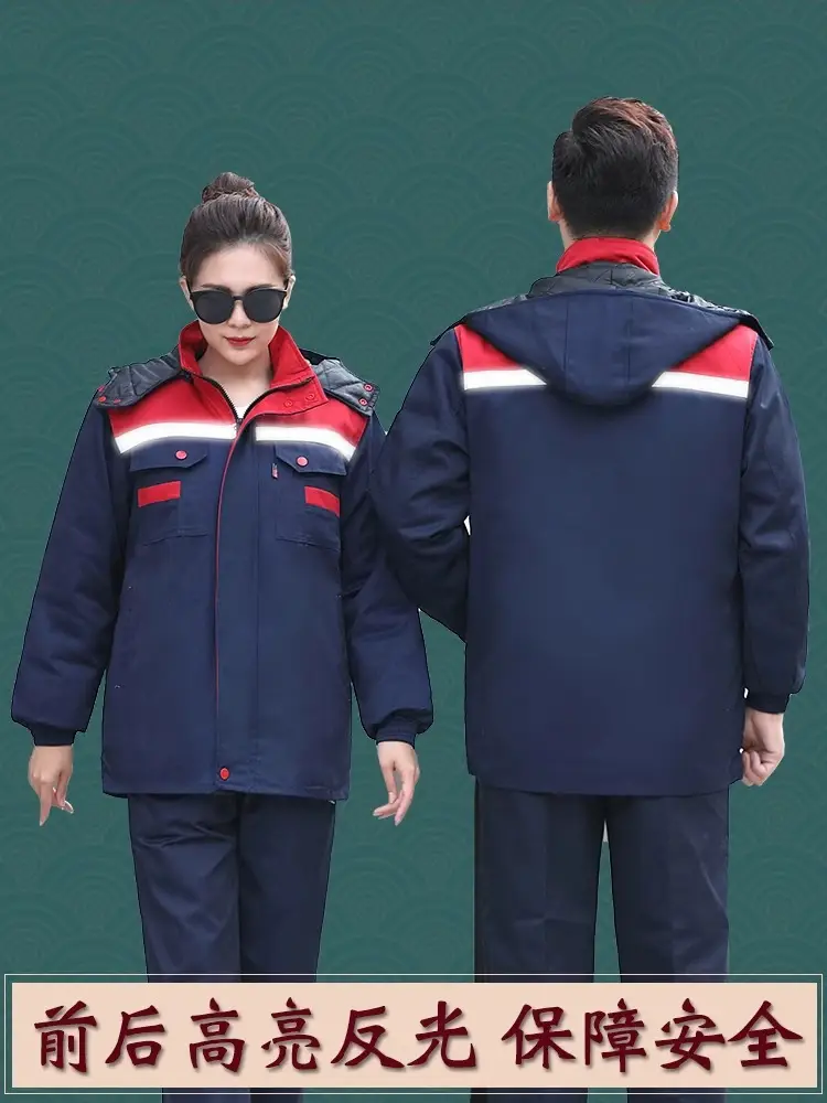 Men Winter Hooded Jacket Navy Red Orange Cotton Padded Auto Repair