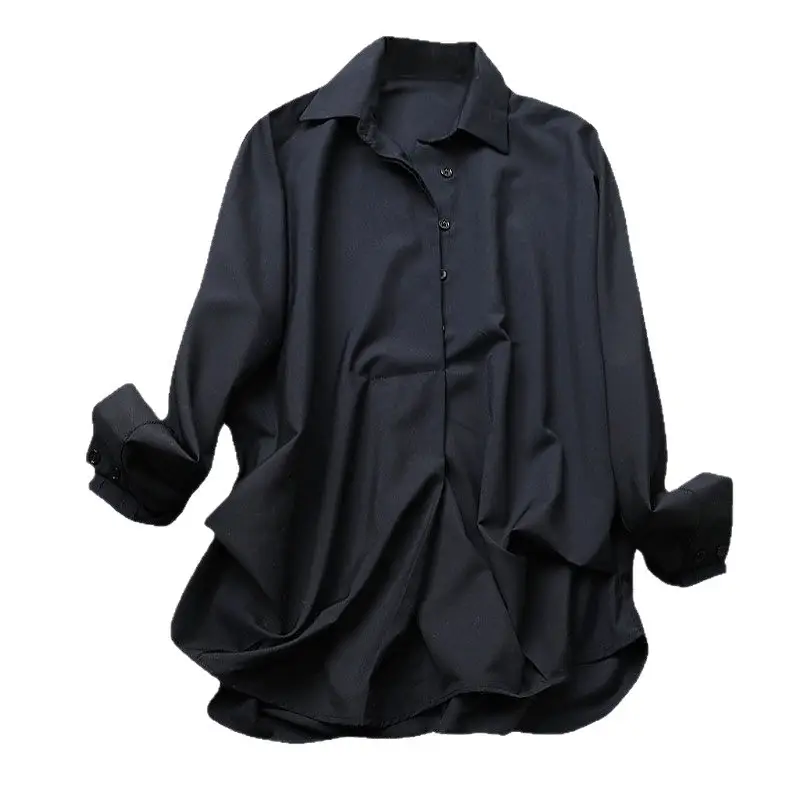 Women Korean 2025 Long Sleeve Black Shirt Anti-Wrinkle Draped - Image 7