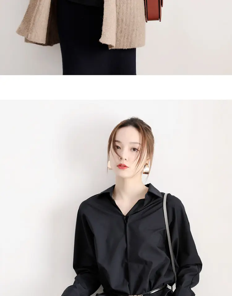 Women Korean 2025 Long Sleeve Black Shirt Anti-Wrinkle Draped — feature 10
