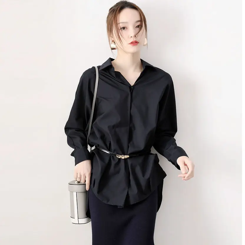 Women Korean 2025 Long Sleeve Black Shirt Anti-Wrinkle Draped — feature 22