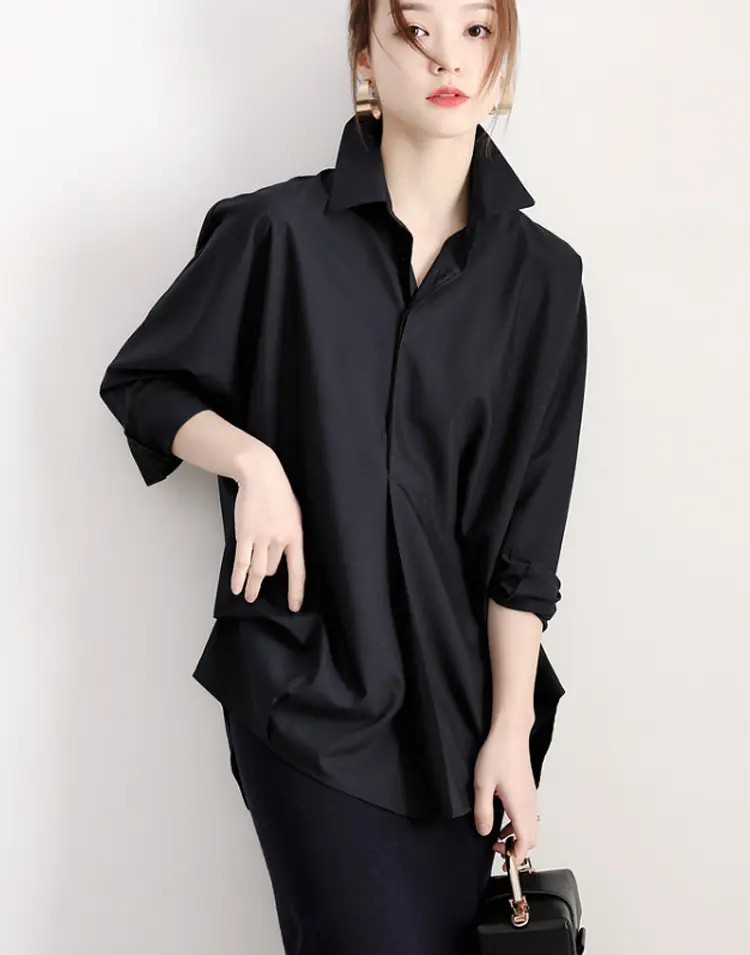 Women Korean 2025 Long Sleeve Black Shirt Anti-Wrinkle Draped — feature 8