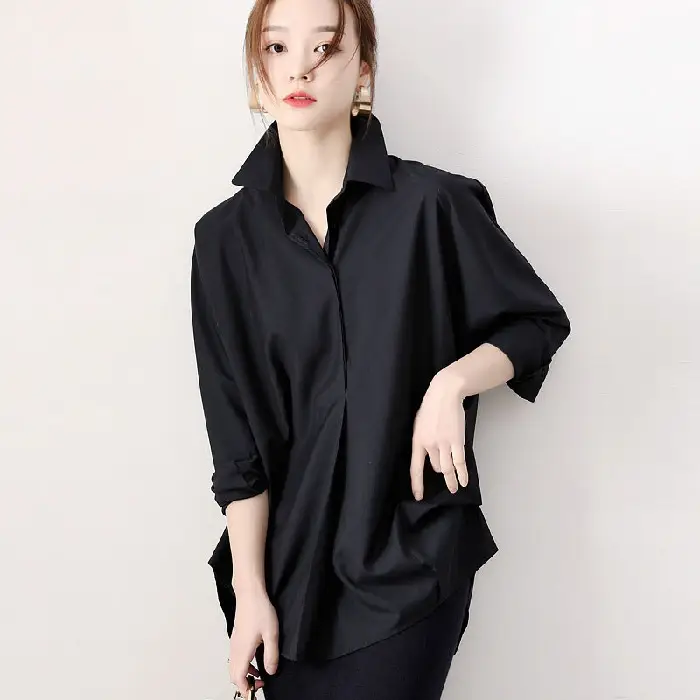Women Korean 2025 Long Sleeve Black Shirt Anti-Wrinkle Draped - Image 2