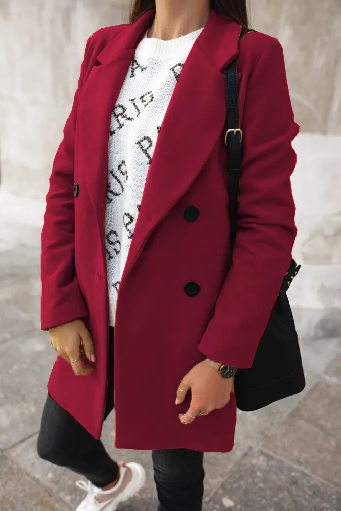 Women Winter Tweed Coat Maroon Long Sleeve Double Button - Image 6