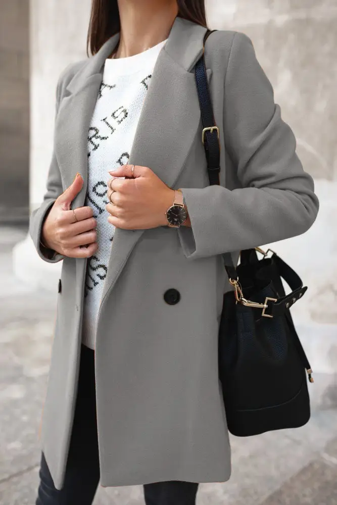 Women Winter Tweed Coat Maroon Long Sleeve Double Button - Image 7