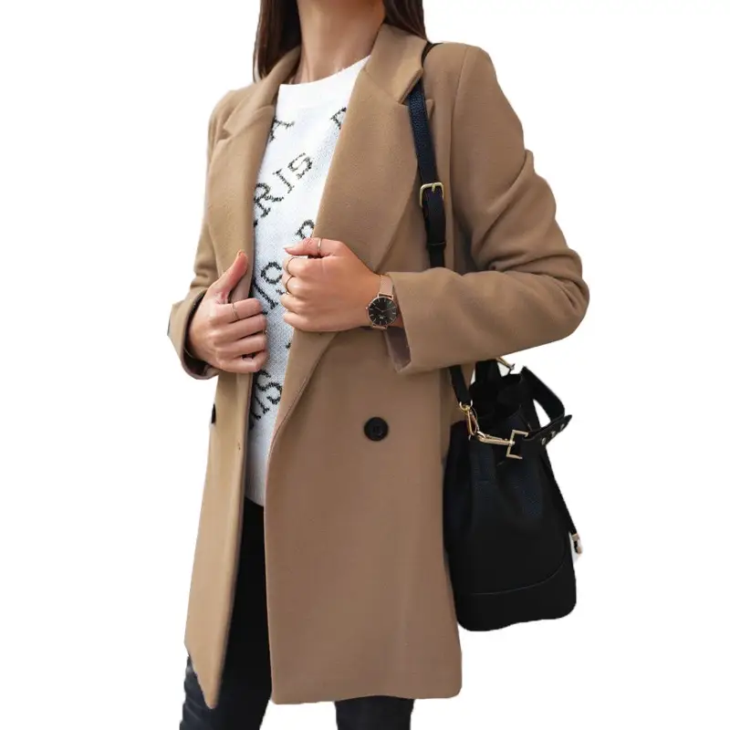 Women Winter Tweed Coat Maroon Long Sleeve Double Button - Image 9