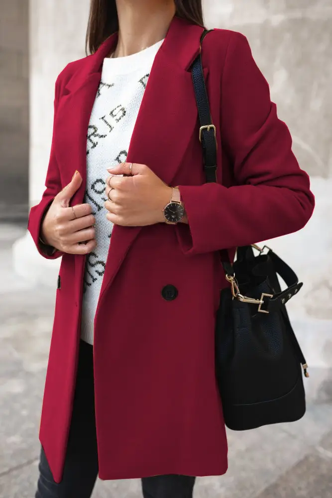 Women Winter Tweed Coat Maroon Long Sleeve Double Button - Image 4