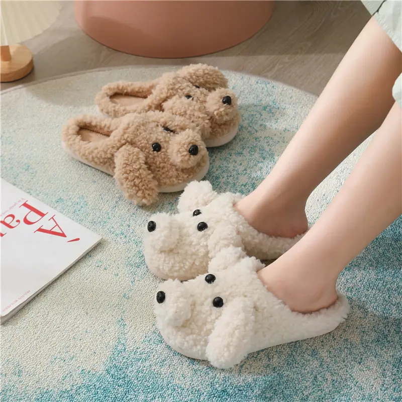 2021 autumn and winter cute cartoon cotton slippers for men and women indoor warm teddy dog slippers all-inclusive with thick bottom waterproof