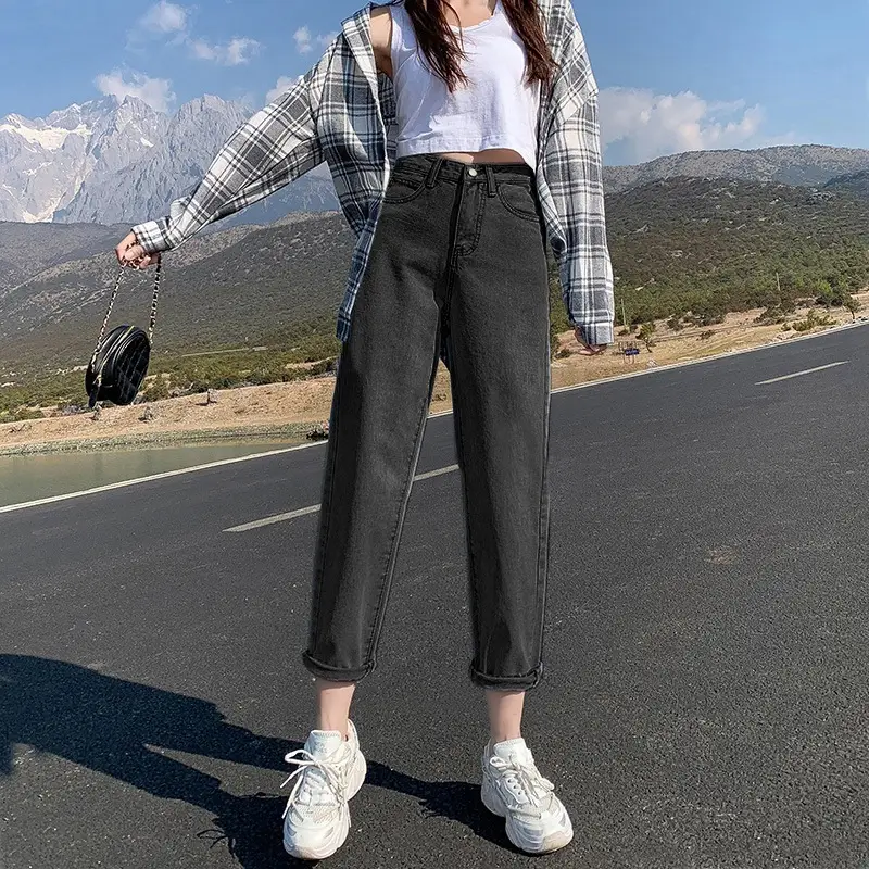 Women High Waist Jeans Straight Cropped 2021 Summer Autumn - Image 4