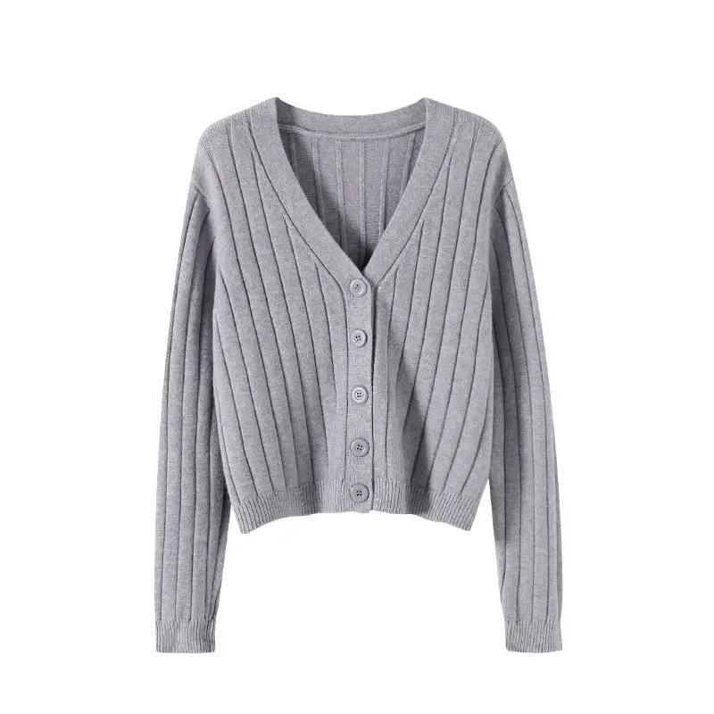 Women V-Neck Knit Cardigan Grey 2025 - Image 28