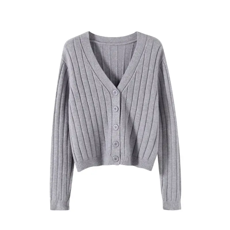 Women V-Neck Knit Cardigan Grey 2025 - Image 6