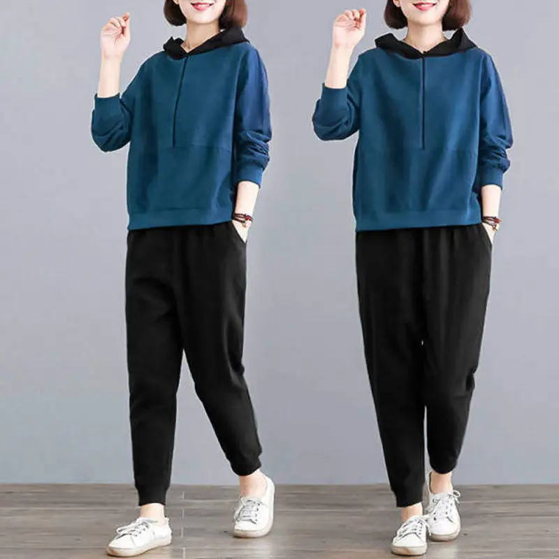 Women Hooded Sweatpants Set Black Large Spring Autumn - Image 9