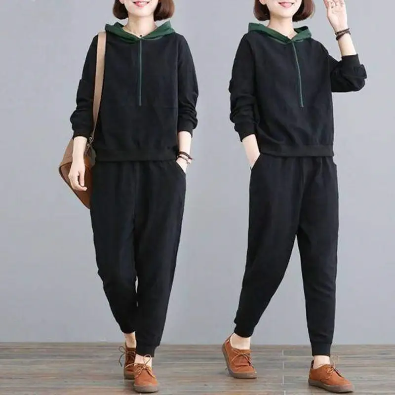 Women Hooded Sweatpants Set Black Large Spring Autumn - Image 10