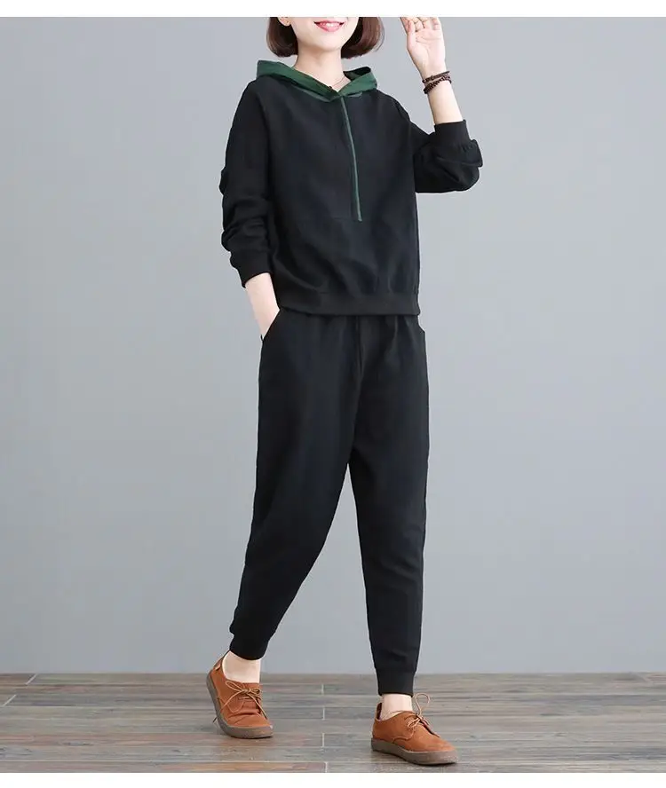 Women Hooded Sweatpants Set Black Large Spring Autumn — feature 9