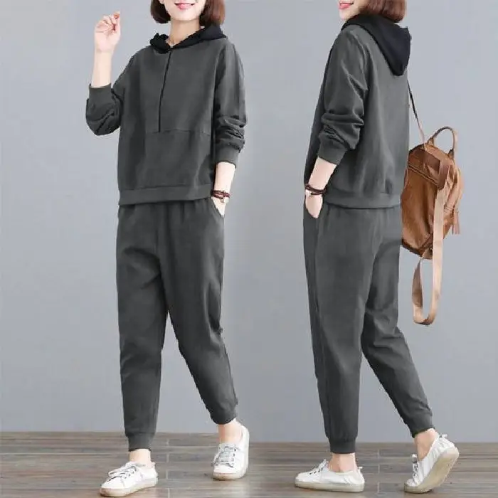 Women Hooded Sweatpants Set Black Large Spring Autumn - Image 2