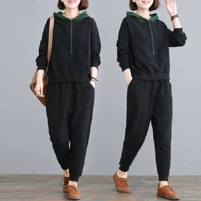 Women Hooded Sweatpants Set Black Large Spring Autumn - Image 3