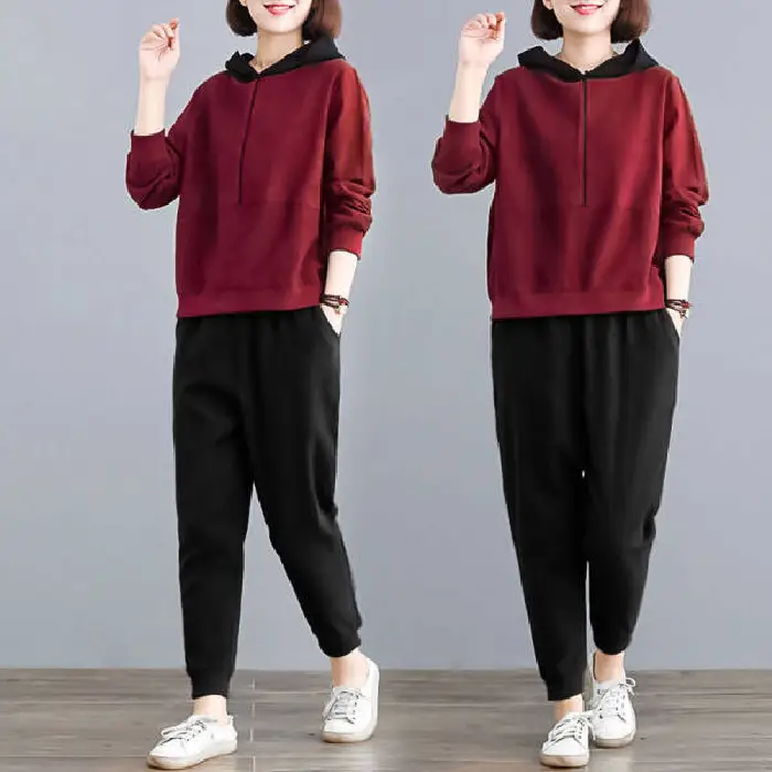 Women Hooded Sweatpants Set Black Large Spring Autumn - Image 5
