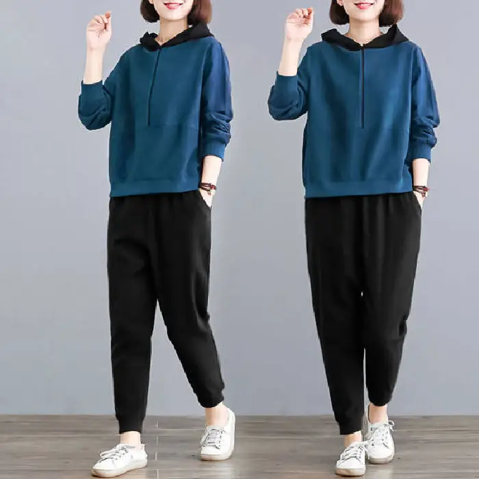 Women Hooded Sweatpants Set Black Large Spring Autumn - Image 6