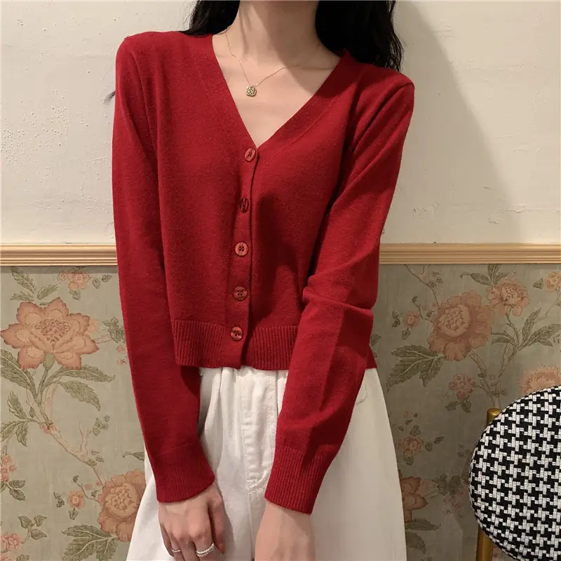 Red Korean Style V-Neck Long Sleeve Cardigan Coat - Image 13