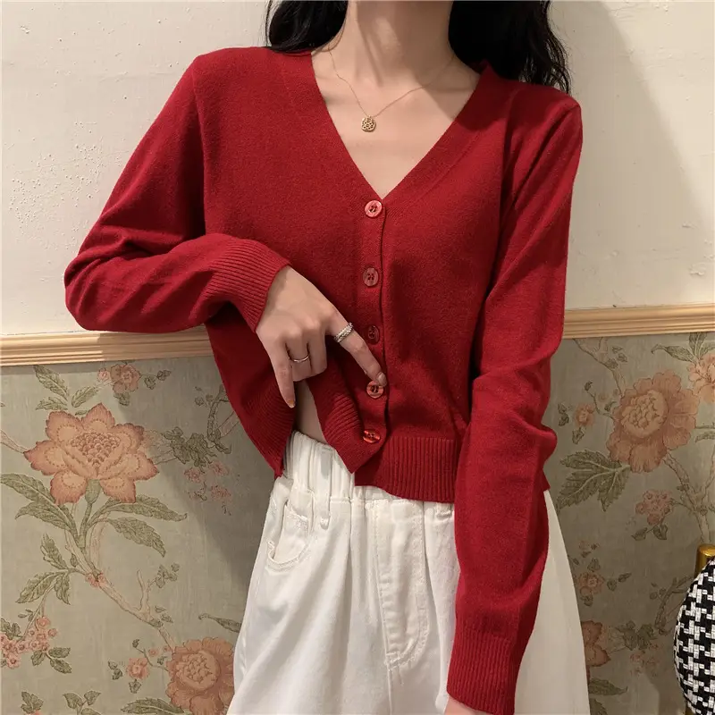 Red Korean Style V-Neck Long Sleeve Cardigan Coat — feature 18