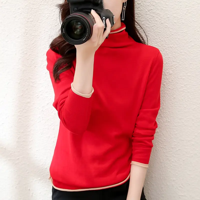 Women Red Combed Collar Sweater Long Sleeve Winter - Image 10