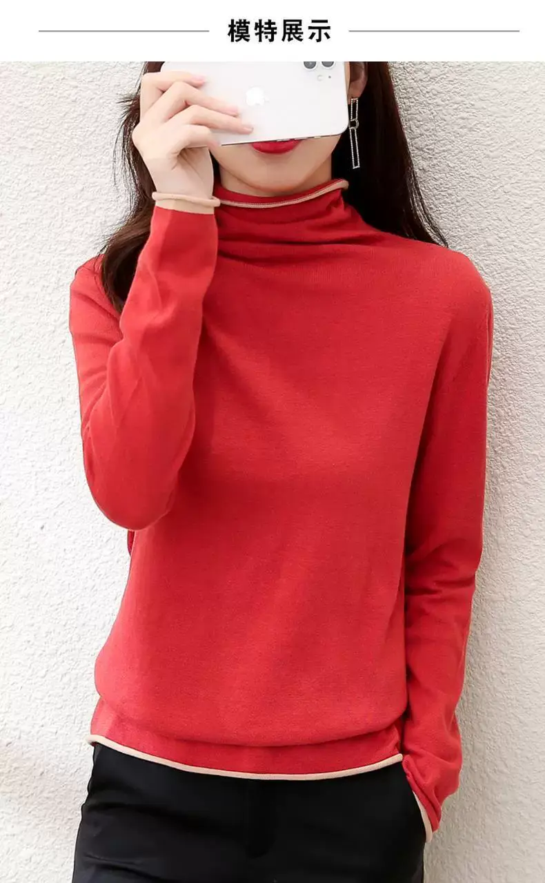 Women Red Combed Collar Sweater Long Sleeve Winter — feature 9