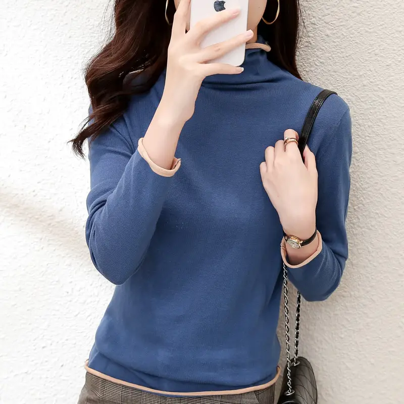 Women Red Combed Collar Sweater Long Sleeve Winter - Image 2