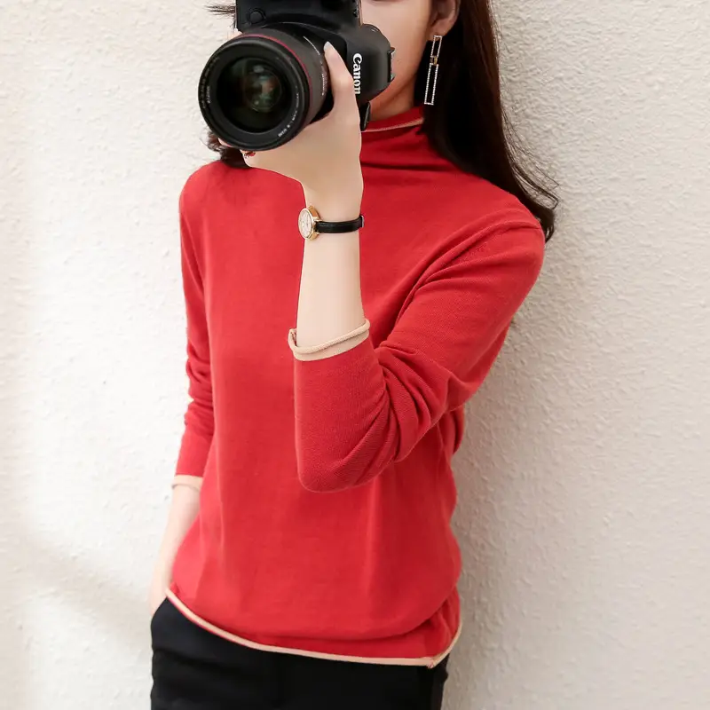 Women Red Combed Collar Sweater Long Sleeve Winter - Image 3