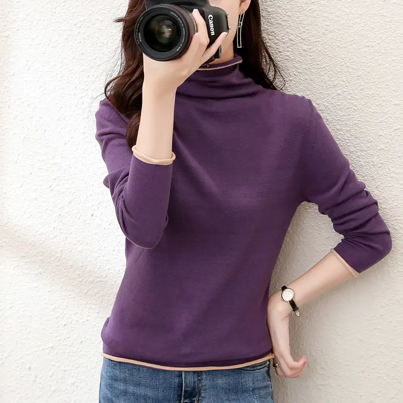 Women Red Combed Collar Sweater Long Sleeve Winter - Image 5