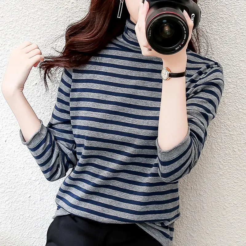 Women Striped Turtleneck Sweater Autumn Winter Loose Thickened Knit - Image 3
