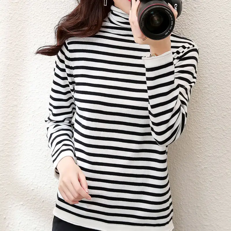 Women Striped Turtleneck Sweater Autumn Winter Loose Thickened Knit - Image 4