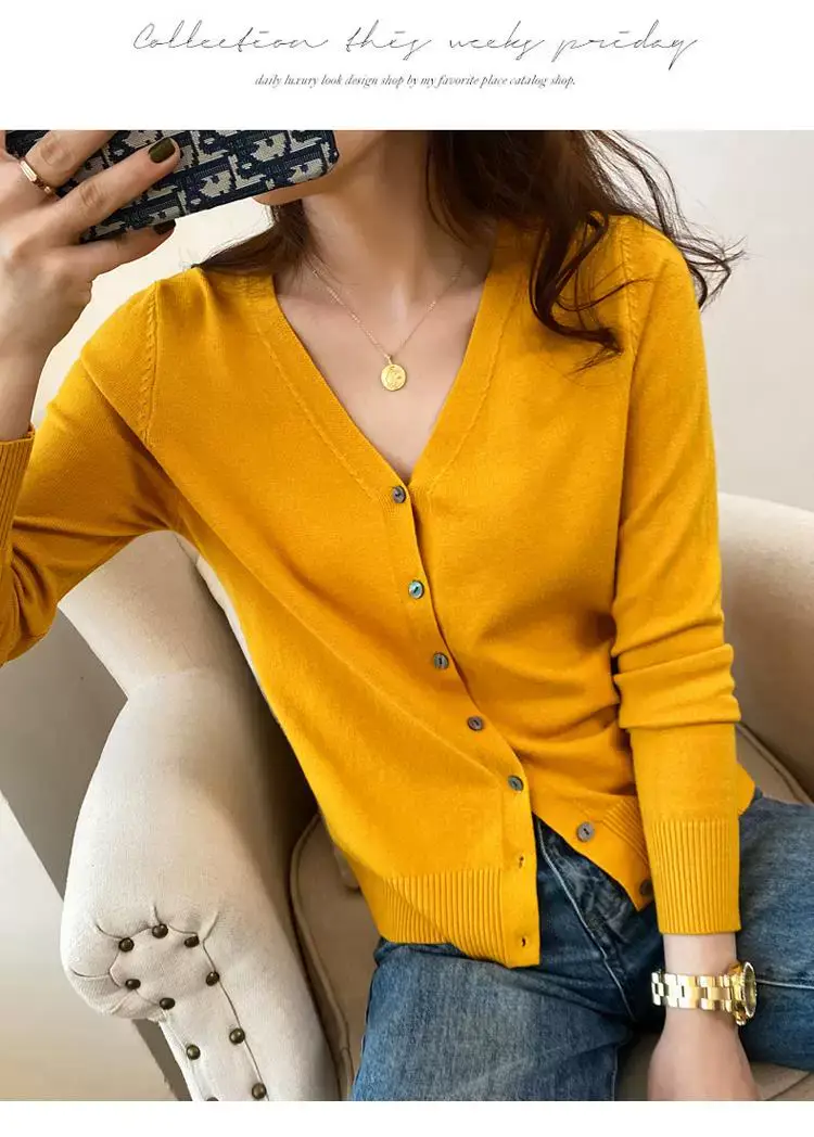 Women V Neck Wool Cardigan Yellow Large — feature 10