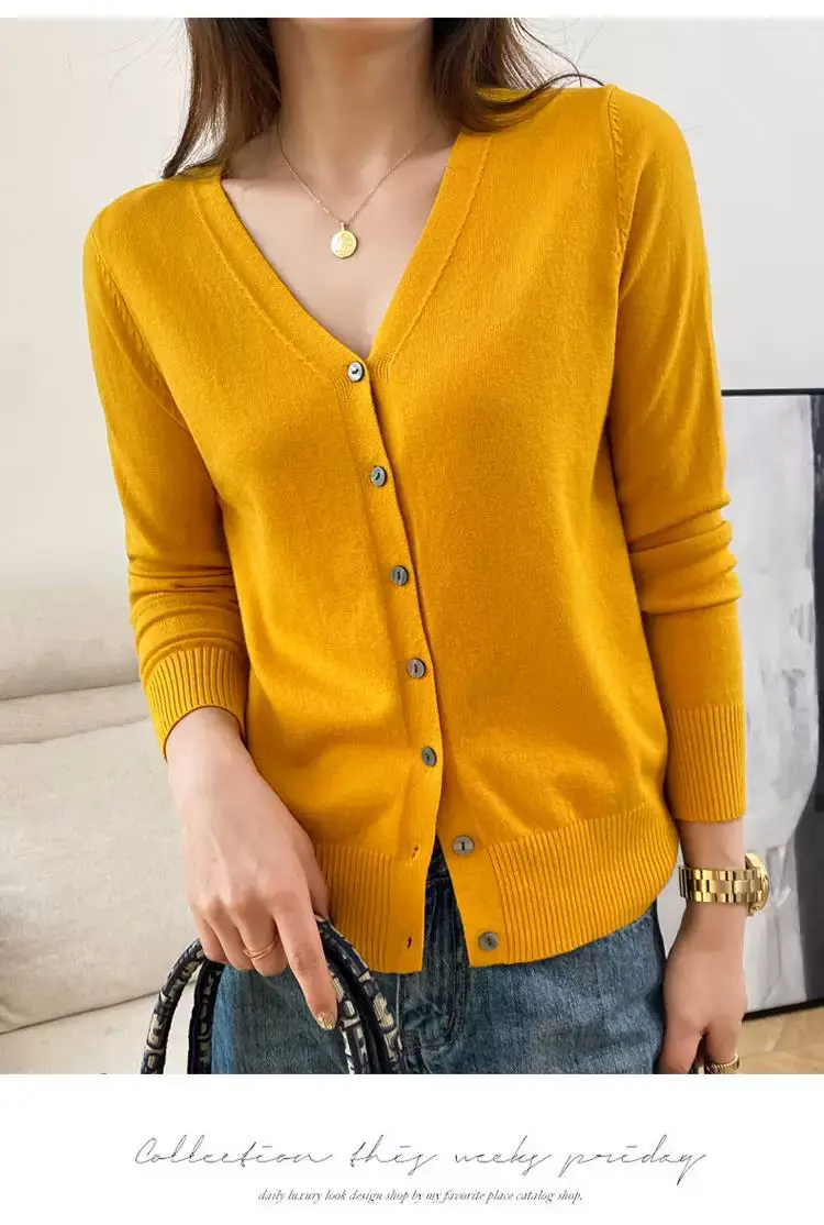 Women V Neck Wool Cardigan Yellow Large — feature 12