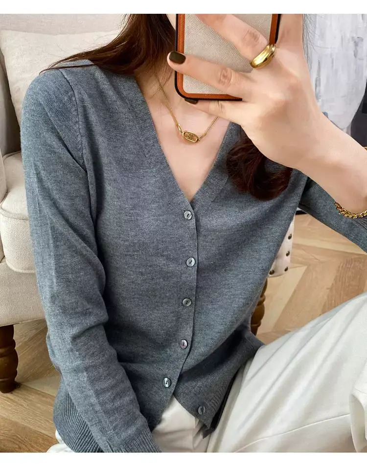 Women V Neck Wool Cardigan Yellow Large — feature 16