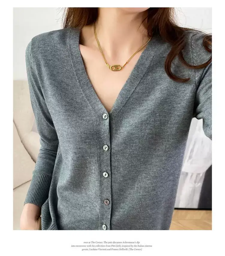 Women V Neck Wool Cardigan Yellow Large — feature 17