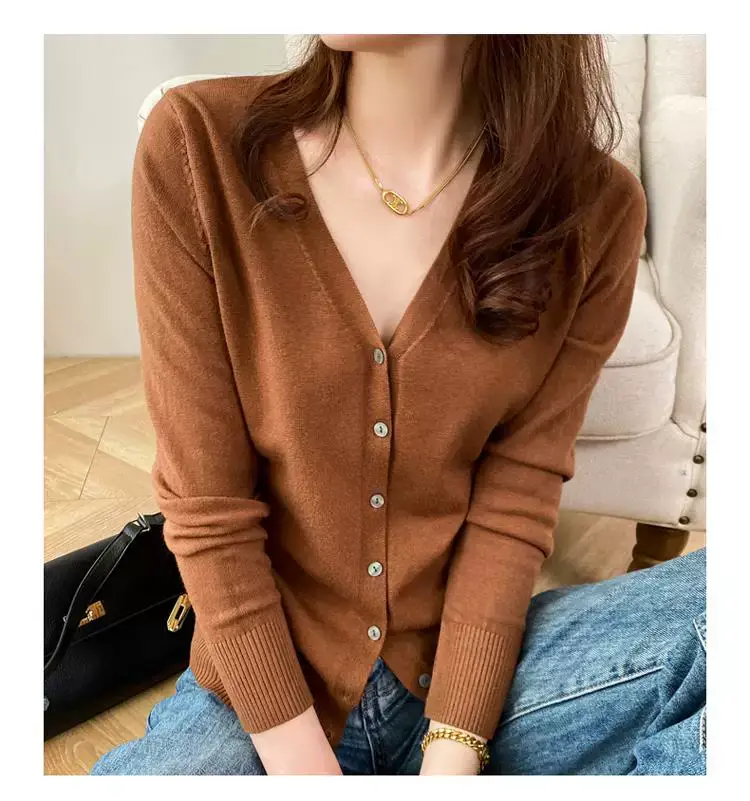 Women V Neck Wool Cardigan Yellow Large — feature 20