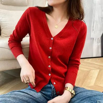 Women V Neck Wool Cardigan Yellow Large - Image 10