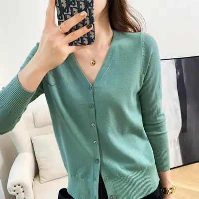 Women V Neck Wool Cardigan Yellow Large - Image 6
