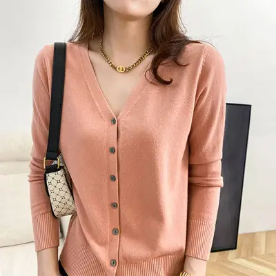 Women V Neck Wool Cardigan Yellow Large - Image 7