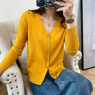 Women V Neck Wool Cardigan Yellow Large - Image 8